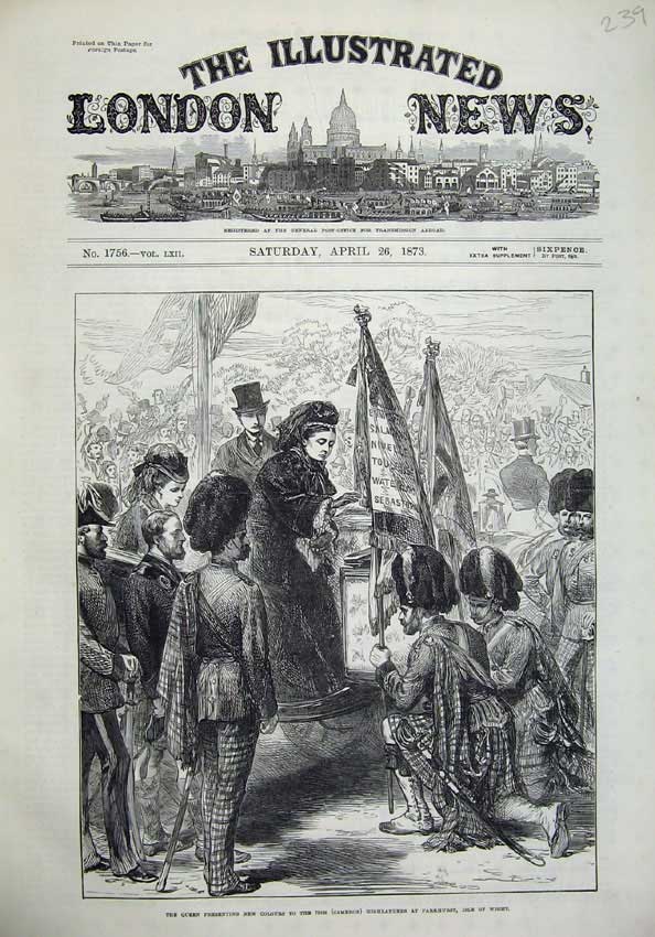 Old Antique Print 1873 Queen Colours Highlanders Parkhurst Isle Wight Art 19th