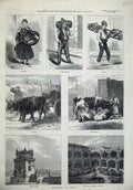 Old Antique Print 1873 Lisbon Portugal Belem Castle Monastery Cows Fish 19th
