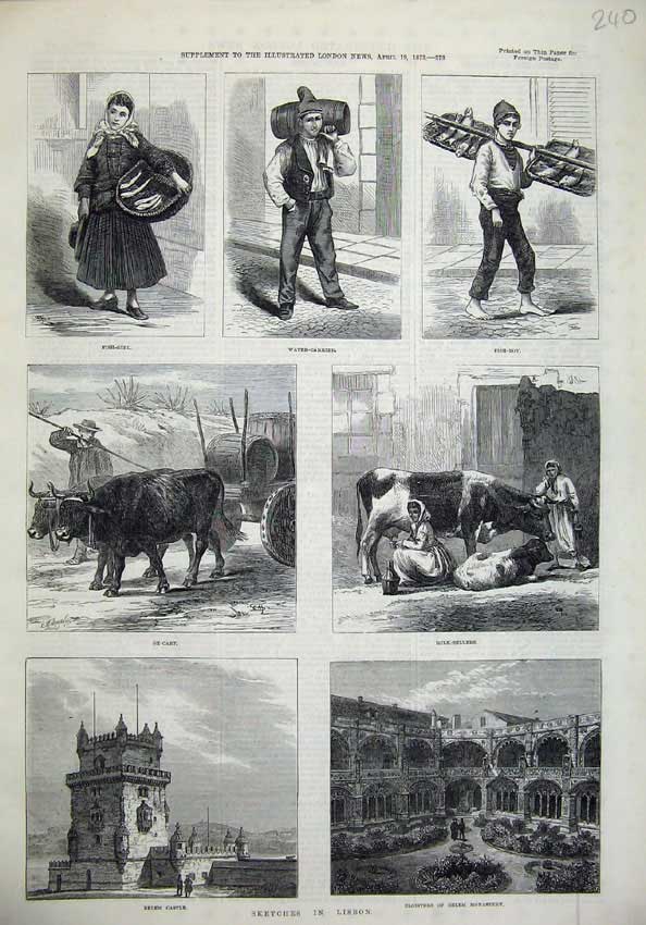 Old Antique Print 1873 Lisbon Portugal Belem Castle Monastery Cows Fish 19th