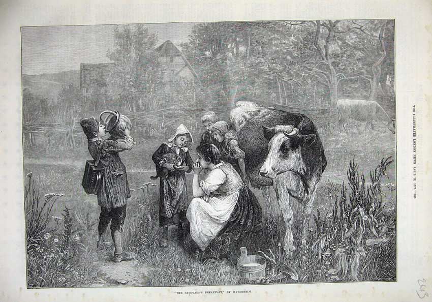 Old Antique Print 1873 Savoyard'S Breakfast Family Cow Country Fine Art 19th