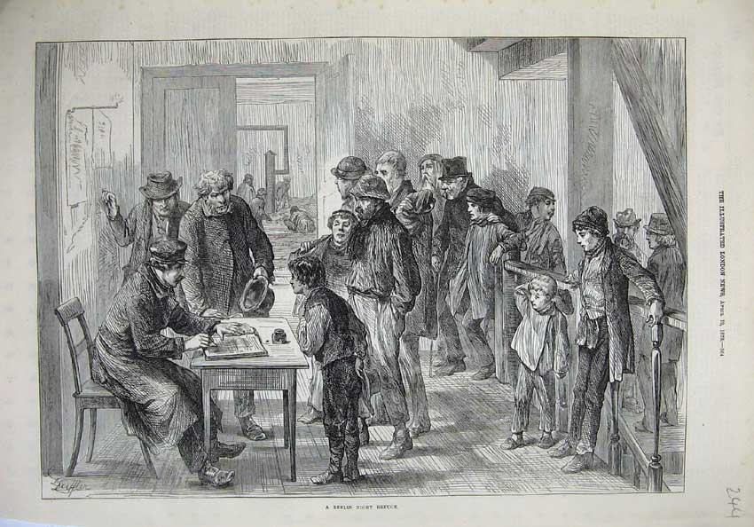 Original Old Antique Print 1873 Berlin Night Refuge Germany Men Boys Victorian