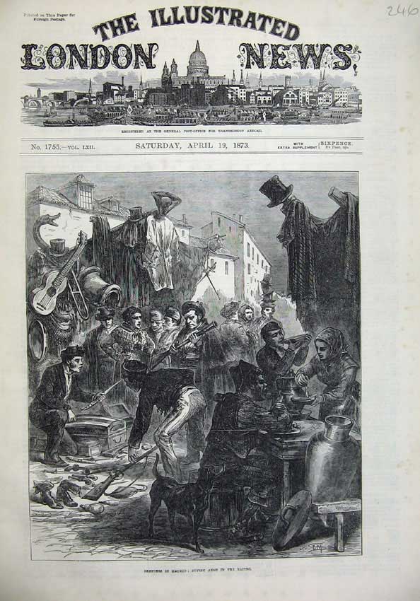 Old Antique Print 1873 Madrid Spain Buying Arms Bastro Weapons Music Art 19th