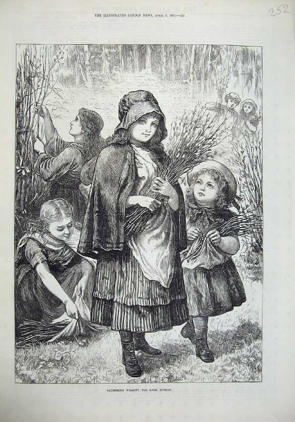 Original Old Antique Print Children Gathering Willows Palm Sunday 1873 Fine Art