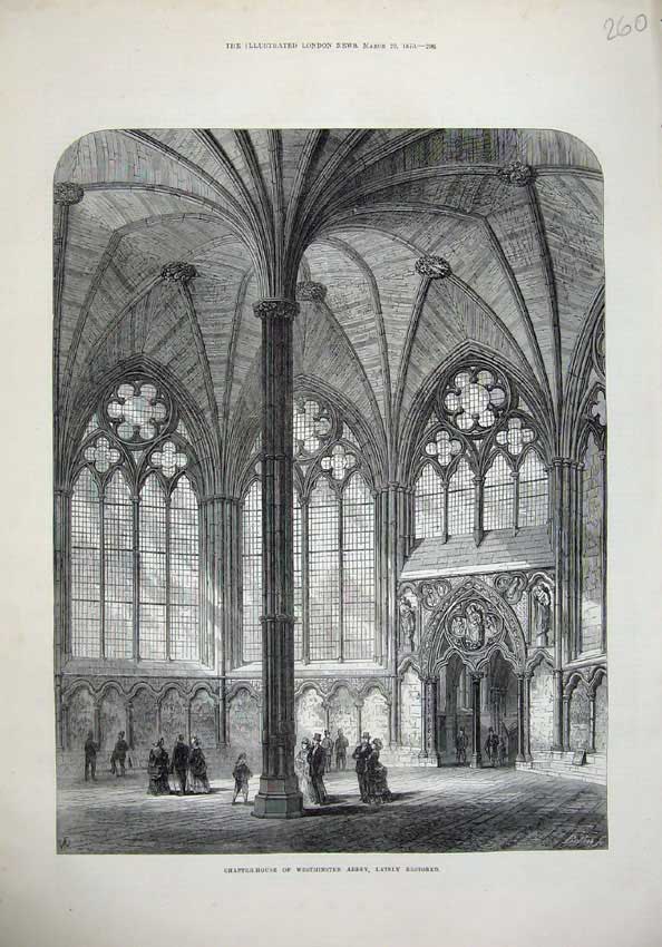 Old Antique Print 1873 Chapter House Westminster Abbey Architecture Art 19th