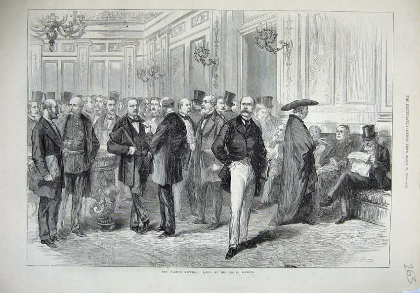 Original Old Antique Print 1873 Spanish Republic Lobby Cortes Madrid Spain 19th