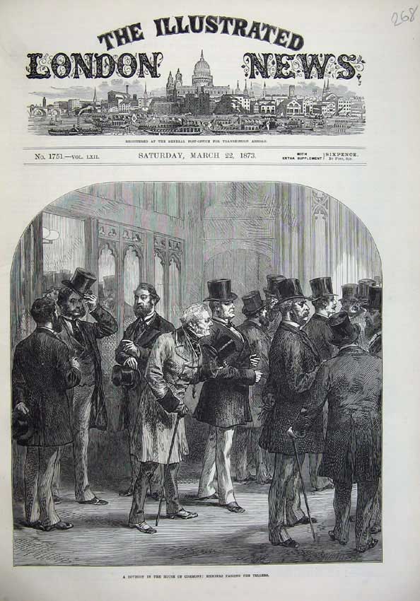Old Antique Print Division House Commons 1873 Members Passing Tellers Art 19th