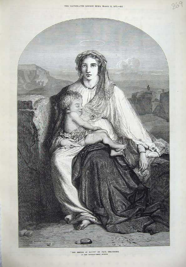 Original Old Antique Print 1873 Repose Egypt Paul Delaroche Woman Baby Museum