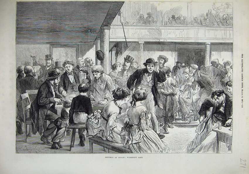 Old Antique Print 1873 Berlin Germany Workmens Ball Romance Dancing Art 19th