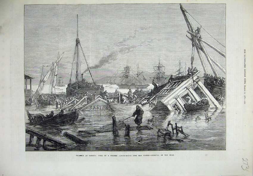 Old Antique Print 1873 Disaster Smyrna Coffee House River Boats Fine Art 19th