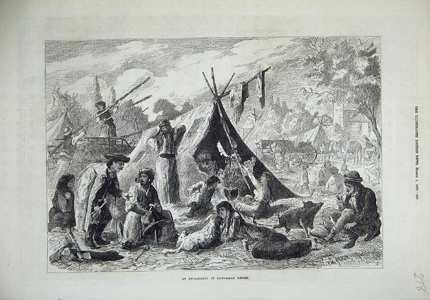 Old Antique Print 1873 Encampment Hungarian Gipsies Tent People Animals 19th