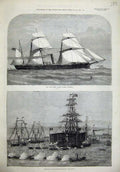 Old Antique Print 1873 Ship Twin Screw Rifleman Malta Clarence Dock Flags 19th