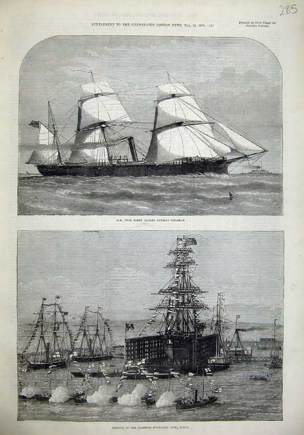 Old Antique Print 1873 Ship Twin Screw Rifleman Malta Clarence Dock Flags 19th