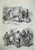 Original Old Antique Print 1873 Men Women Claddagh Galway Boys Fishing Boat Sea