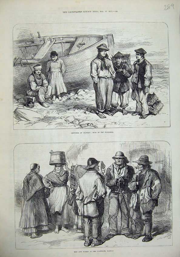 Original Old Antique Print 1873 Men Women Claddagh Galway Boys Fishing Boat Sea