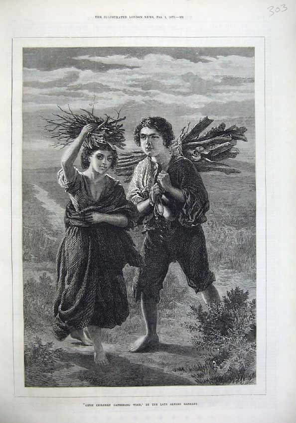 Original Old Antique Print Fine Art 1873 Gipsy Children Gathering Wood Rankley