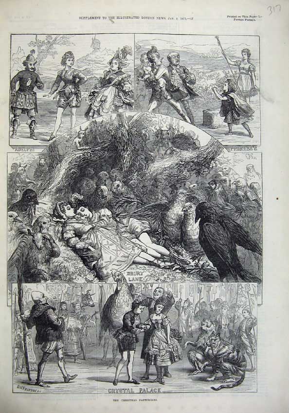 Old Antique Print 1873 Christmas Pantomimes Crystal Palace Drury Adelphi 19th