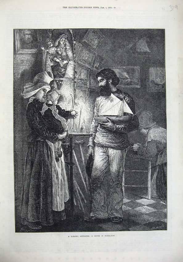 Old Antique Print 1873 Sailor Normandy Candle Light Model Ship Mother Art 19th