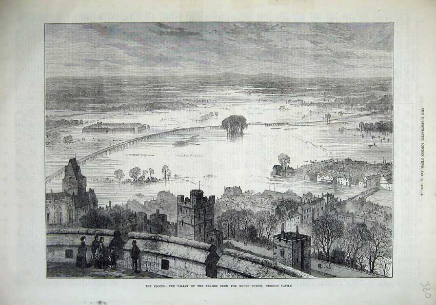 Original Old Antique Print 1873 Floods Valley River Thames Tower Windsor Castle