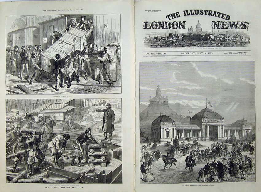 Antique Old Print 1873 Vienna Exhibition Emperor Pavilion Goods Train Men 19th