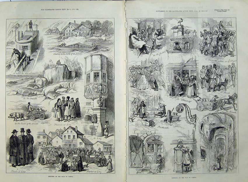 Old Antique Print 1873 Vienna Chalets Danube Priests Munich Horse People 19th