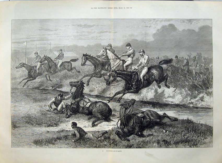 Original Old Antique Print 1873 Fine Art Horse Racing Steeplechase Sport Water
