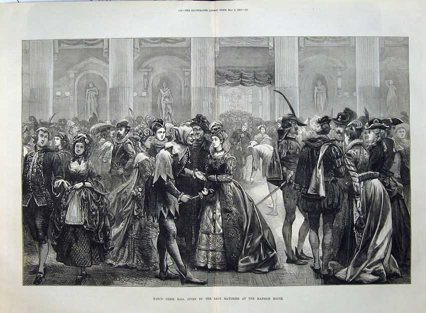 Old Antique Print 1873 Fancy Dress Ball Lady Mayoress Mansion House Art 19th