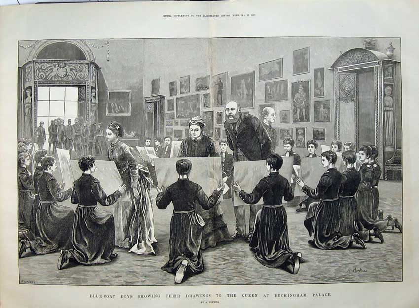 Old Antique Print Blue Coat Boys Showing Queen Buckingham Place 1873 Art 19th