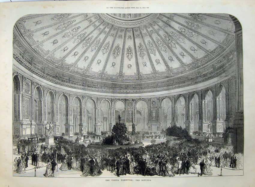 Antique Old Print 1873 Interior Vienna Exhibition Rotunda People Fine Art 19th