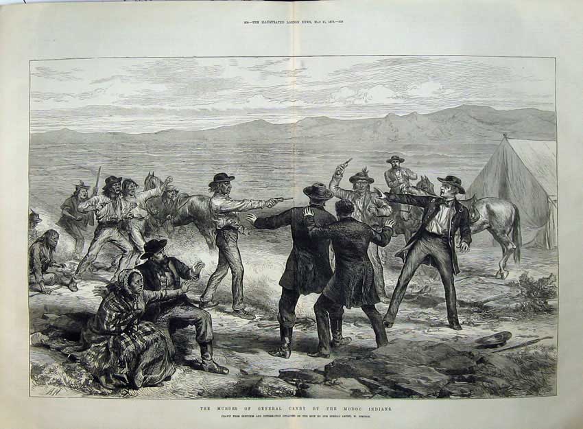 Old Antique Print 1873 Murder General Canby Modoc Indians Men Guns Art 19th