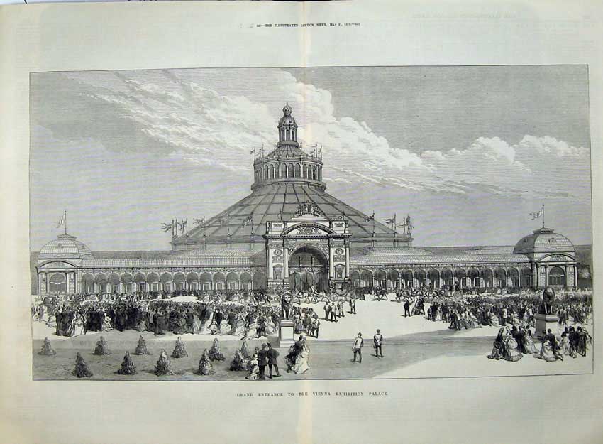 Original Old Antique Print View Grand Entrance Vienna Exhibition Palace 1873