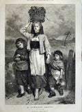 Old Antique Print 1873 Lowland Lassie Children Country Basket Fine Art 19th