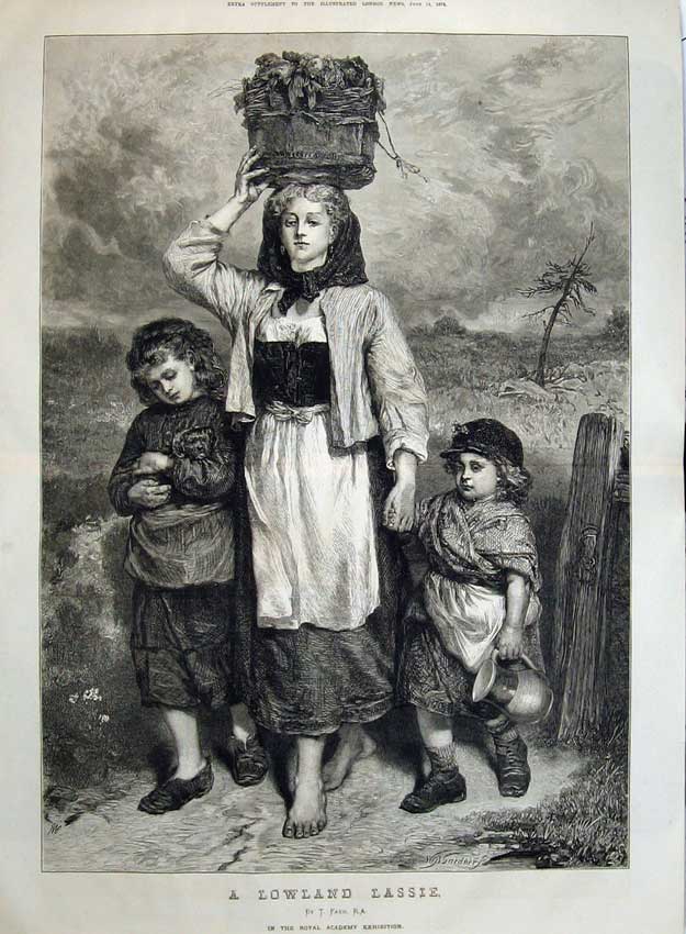 Old Antique Print 1873 Lowland Lassie Children Country Basket Fine Art 19th
