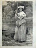 Old Antique Print 1873 Ferrymans Daughter Boat Beautiful Girl Leslie Art 19th