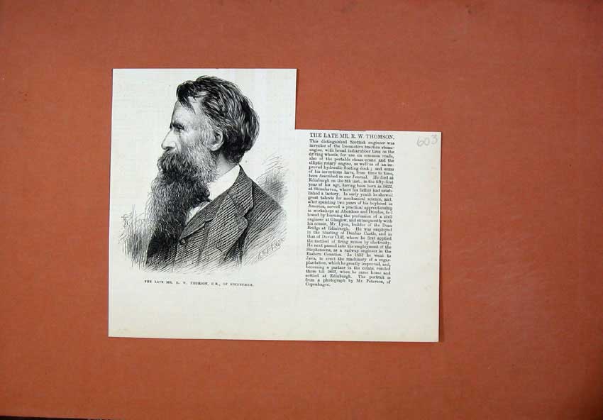Original Old Antique Print 1873 Antque Portrait Thomson Scottish Engineer 19th