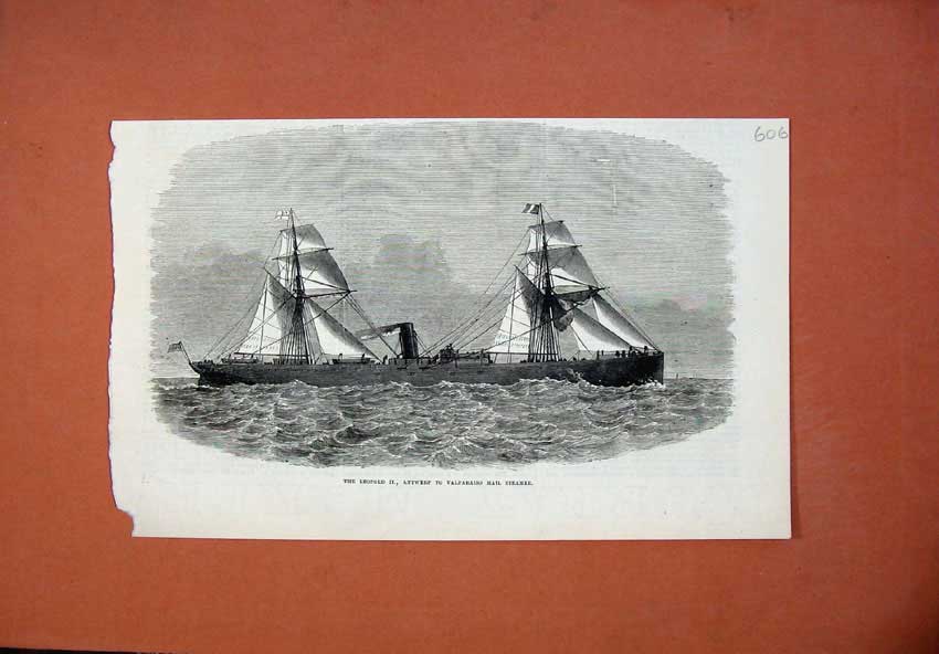 Original Old Antique Print Mail Steamership LeopAntwerp Valparaiso Sea 1873