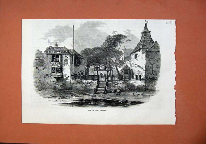 Original Old Antique Print 1873 Swan Hotel Chelsea Elliot Watney Fine Art 19th