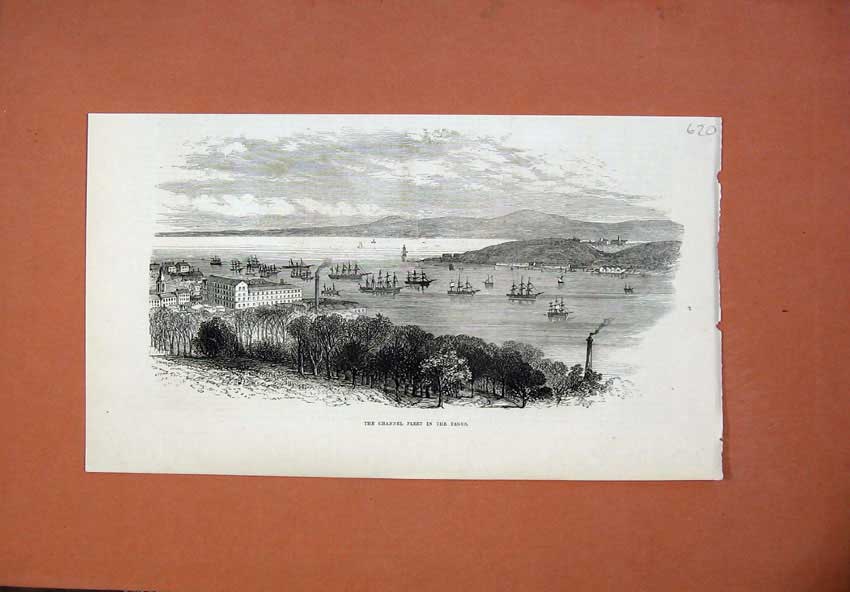 Old Antique Print 1873 Sailing Ship Channel Fleet Tagus Buildings Hills 19th