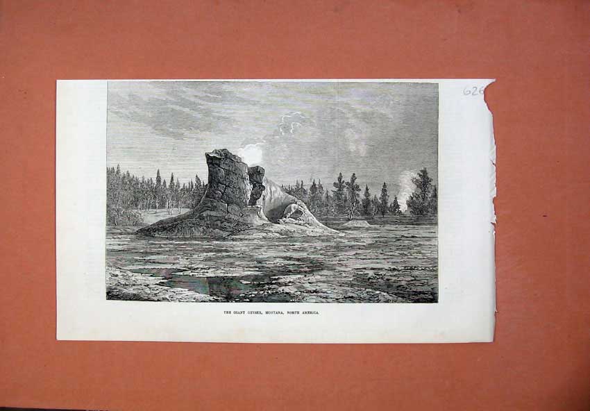 Old Antique Print 1873 Giant Geyser Montana North America Trees Fine Art 19th