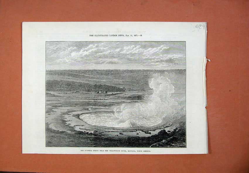 Old Antique Print 1873 Sulphur Spring Yellowstone River Montana America 19th