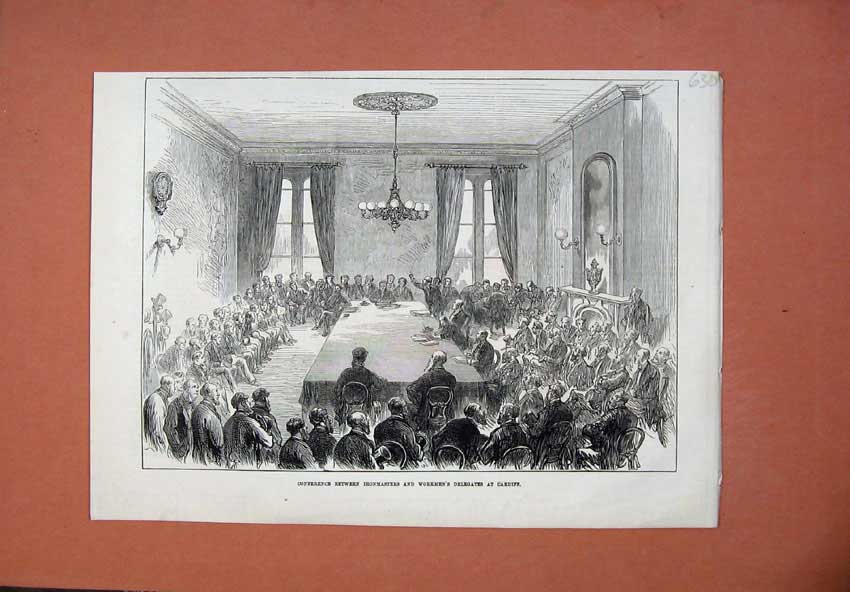 Old Antique Print 1873 Conference Ironmasters Workmen'S Delegates Cardiff 19th