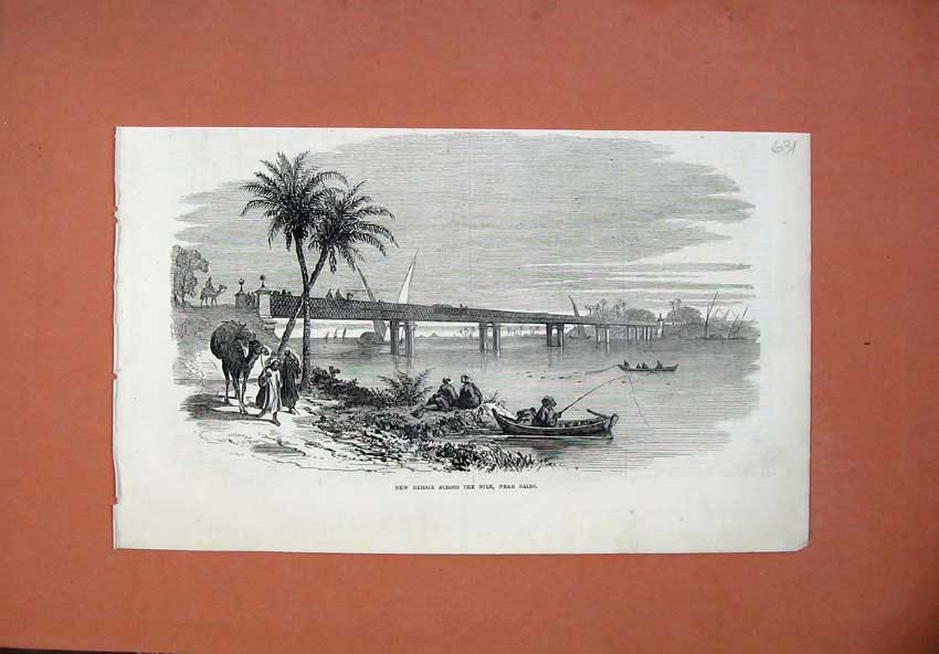 Old Antique Print 1873 New Bridge Across River Nile Cairo Egypt Boats Art 19th