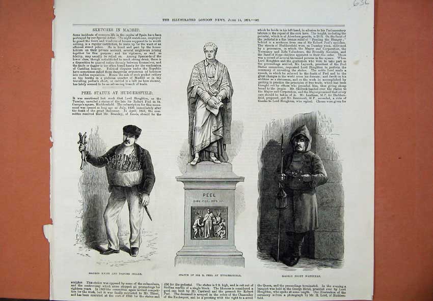 Original Old Antique Print 1873 Statue Peel Huddersfield Madrid Watchman Dagger
