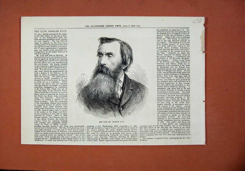 Original Old Antique Print 1873 Portrait Charles Lucy English Painter Art 19th