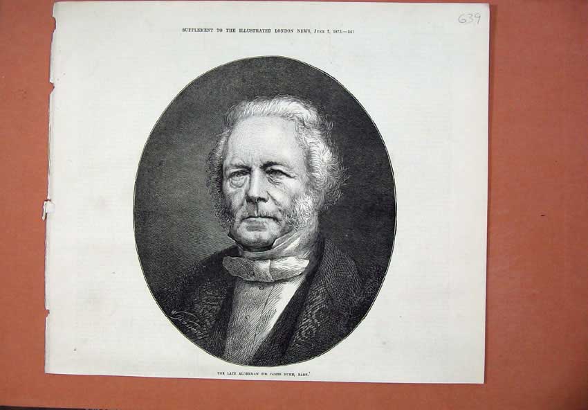 Original Old Antique Print 1873 Portrait Alderman Sir James Duke Bart Man 19th