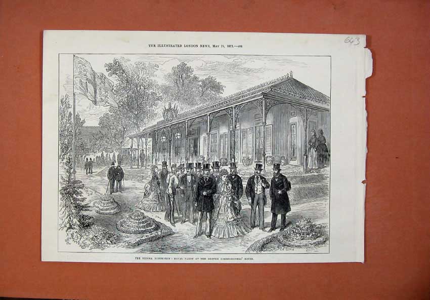 Old Antique Print 1873 Vienna Exhibition Royal Party Commissioners House 19th