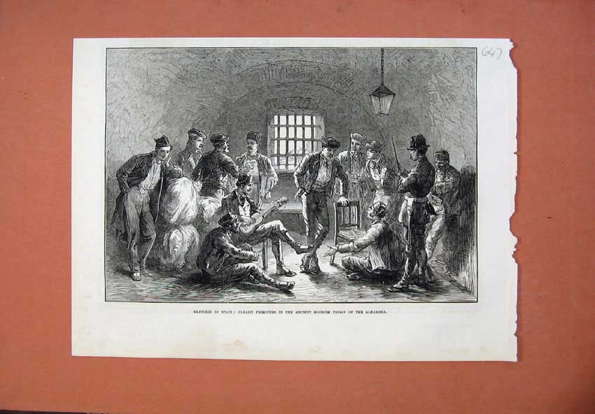 Original Old Antique Print Spain 1873 Carlist Prisoners Moorish Prison Alhambra
