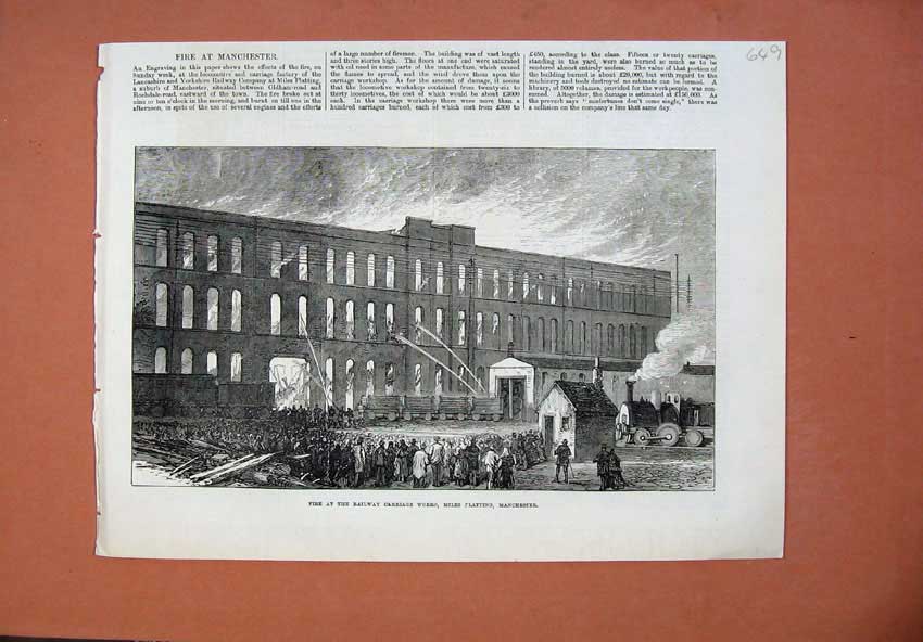 Antique Old Print *0197 1873 Fire Railway Carriage Works Platting Manchester