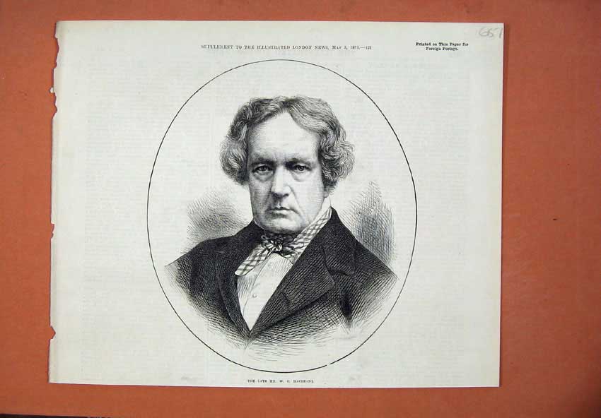 Original Old Antique Print 1873 Portrait Late Mr Macready Man 19th