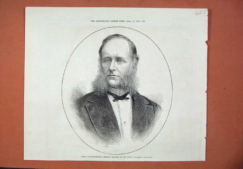 Original Old Antique Print 1873 Baron Schwarz-Senborn Manager Vienna Exhibition