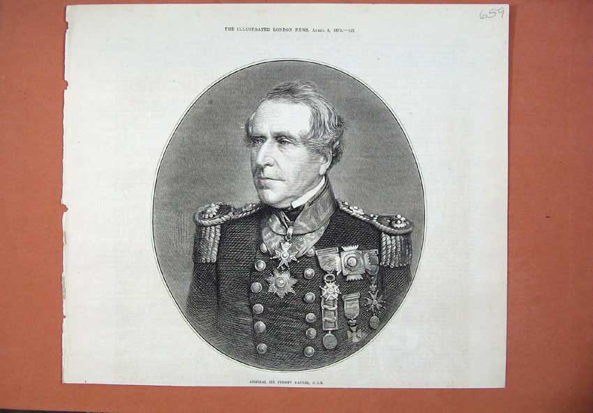 Original Old Antique Print 1873 Portrait Admiral Sir Sydney Dacres Art 19th
